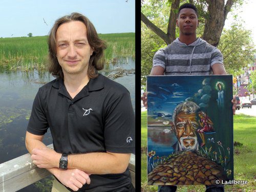 à gauche : Pascal Badiou, chercheur aquatique chez Canards Illimités. à droite : Nelson Mutima a réussi à dépasser ses traumatismes grâce au dessin et à la peinture.
