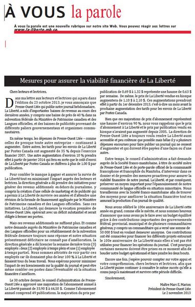 Mot du président de Presse Ouest Ltée du 6 novembre 2013.
