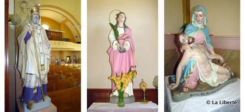 de gauche a droite 1- La statue de sainte Agathe, martyre chrétienne morte en 251 et patronne de la paroisse fondée en 1876. 2- Richard Dorge : « C’était un vrai plaisir de restaurer la statue de saint Cyrille. L’or de sa mitre et de 3- La Piéta de l’église de Sainte-Agathe, un don d’Arthur Lemoine, paroissien en 1915.