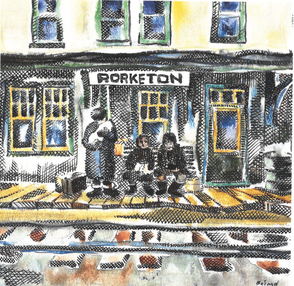 Luzina Tousignant à la gare de Rorketon, ramenant son dernier-né à la Petite Poule d’Eau. Illustration : Gracieuseté Réal Bérard