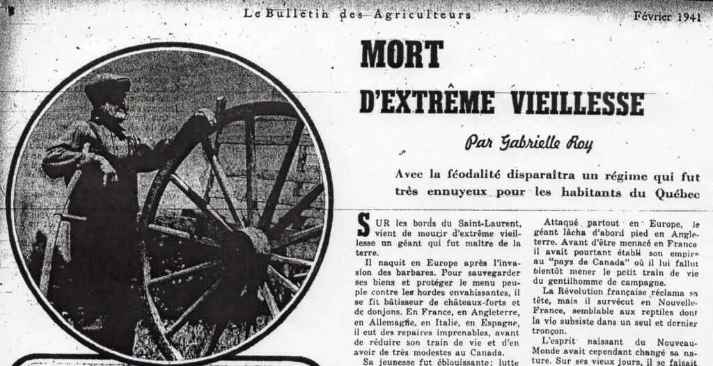 Une copie de l’article « Mort d’extrême vieillesse » de Gabrielle Roy, paru en février 1941 dans Le Bulletin des agriculteurs. Photo : Gracieuseté Archives de la SHSB, Fonds Corporation Maison Gabrielle-Roy, Dossier 0460/1585/37