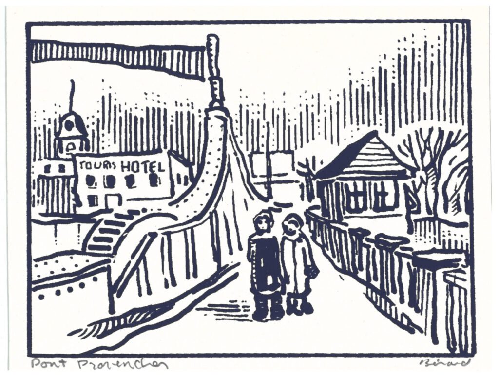 Mélina et Gabrielle sur le vieux pont Provencher, en direction de Winnipeg. Illustration : Gracieuseté Réal Bérard et Mélina (la mère)