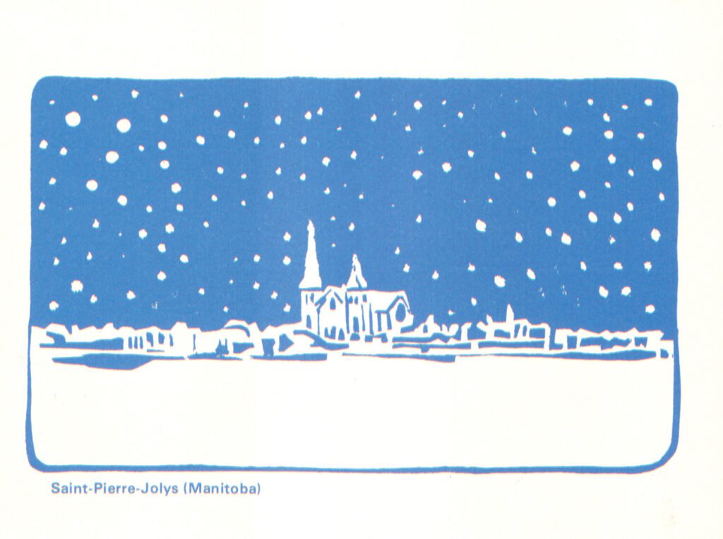 Saint-Pierre-Jolys et son grand ciel de plaine. « C’est Gabrielle qui nous a révélé la Plaine. Devant le ciel énigmatique, devant l’élan irrésistible des grandes étendues, nous avons tous éprouvé cet étrange effarement du cœur. » - Simone Chaput. Illustration : Gracieuseté Réal Bérard
