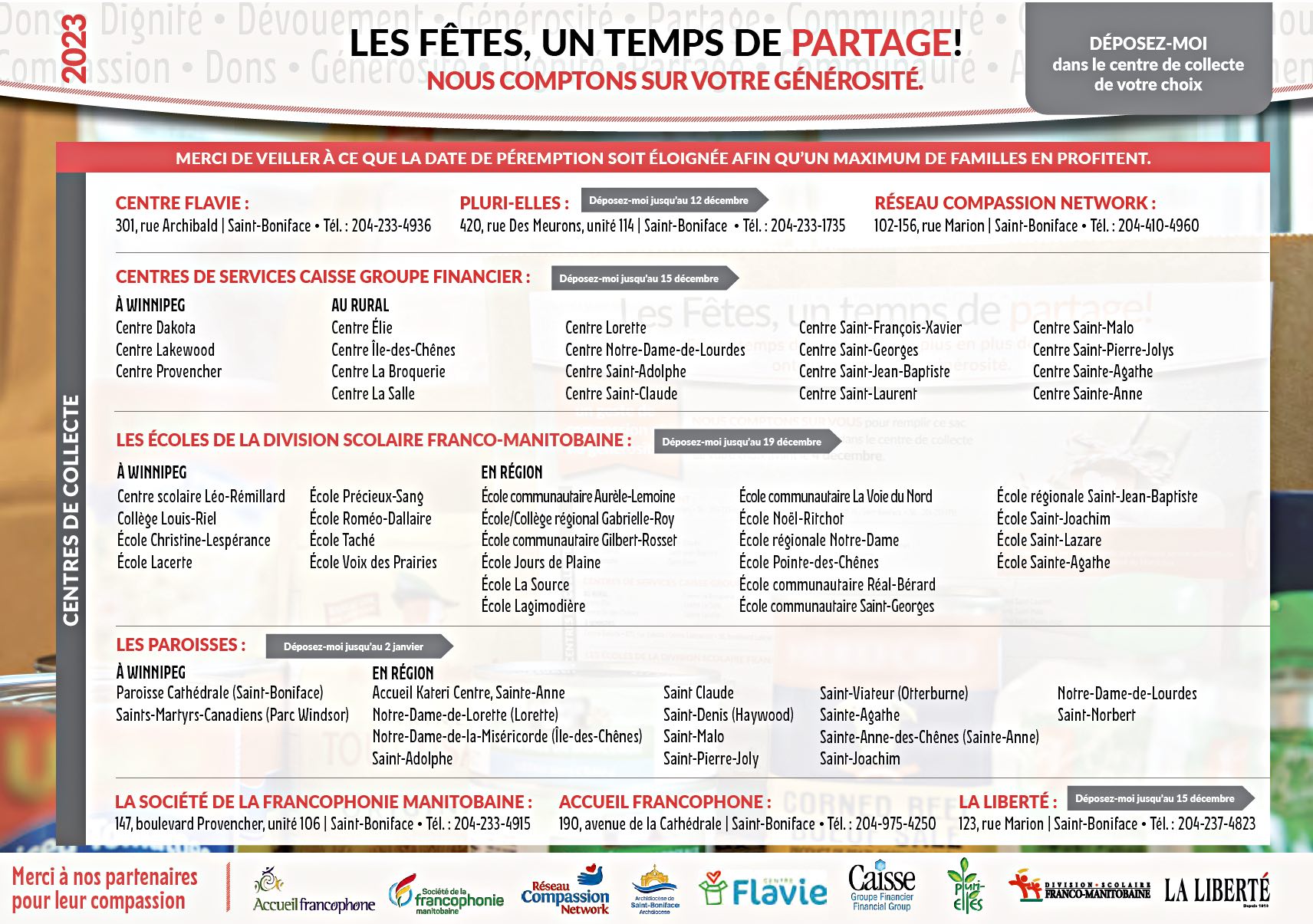 Lieux et dates pour les centres de collecte.