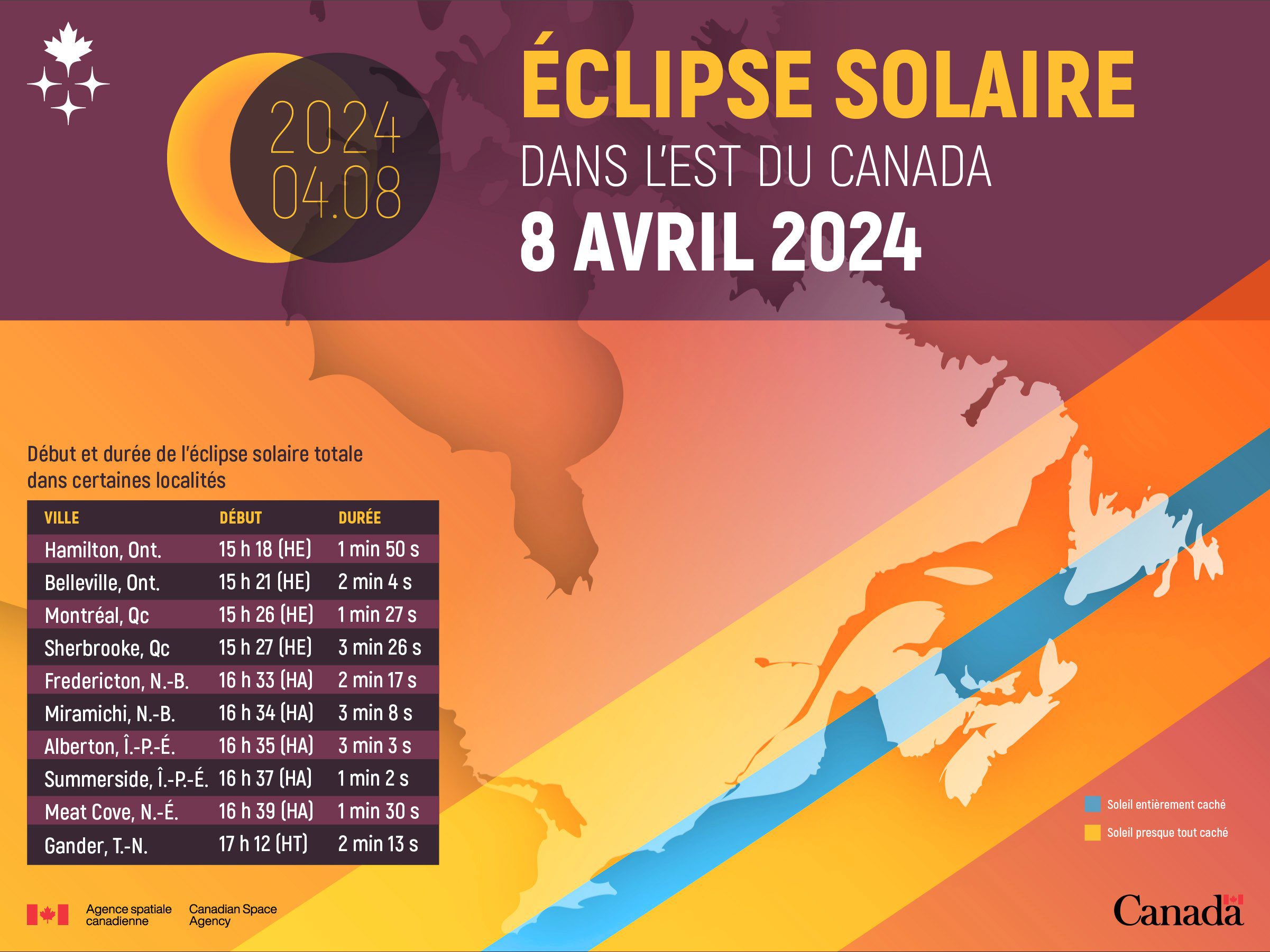 Carte de la trajectoire de l'éclipse solaire totale du 8 avril 2024 qui sera visible dans certaines régions du Canada.