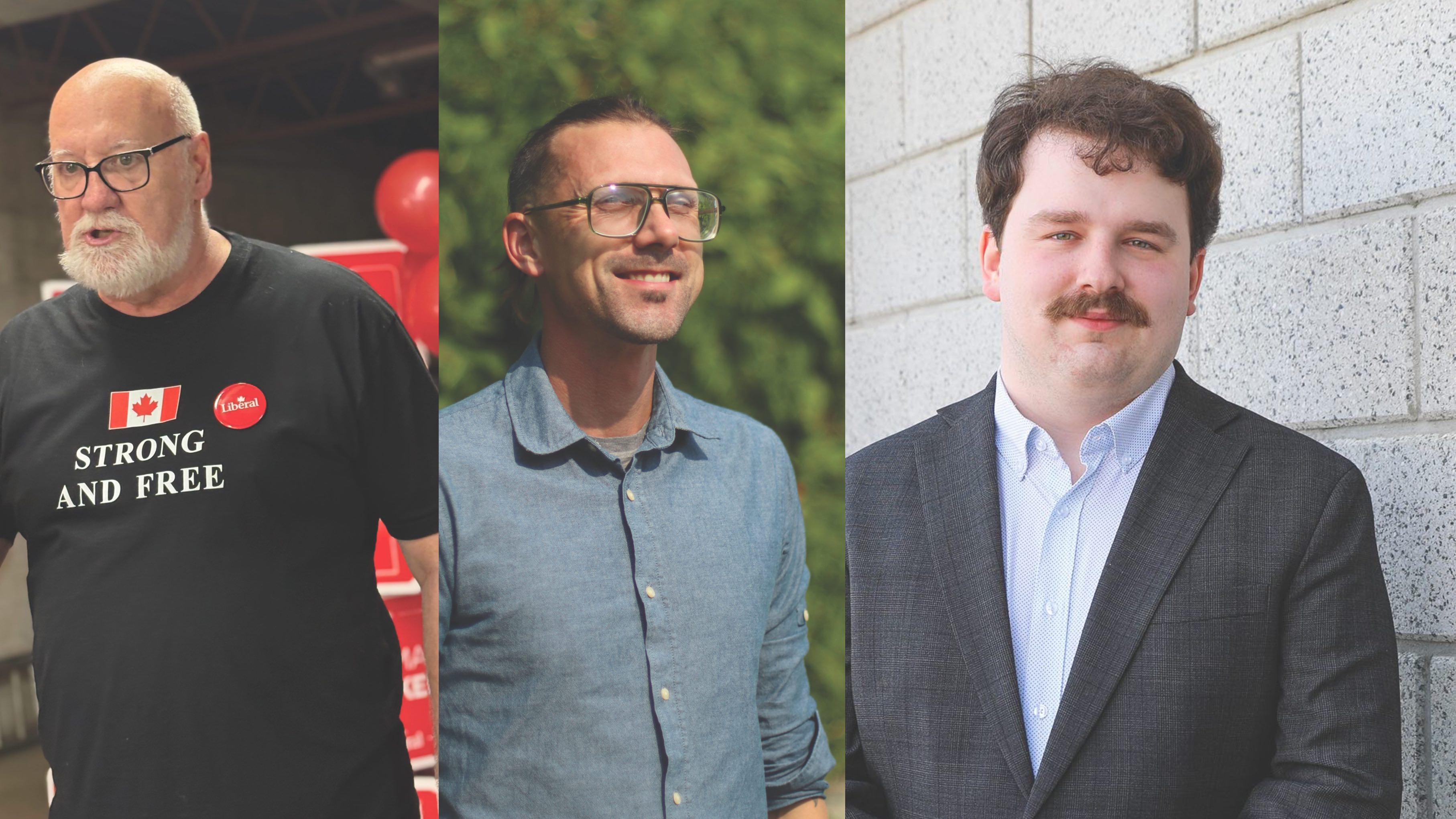 De gauche à droite : Ian MacIntyre, candidat du Parti libéral du Canada pour Elmwood-Transcona, Nicolas Geddert, candidat du Parti vert du Canada pour Elmwood-Transcona et Collin Watson, candidat du Parti populaire du Canada pour Elmwood- Transcona.