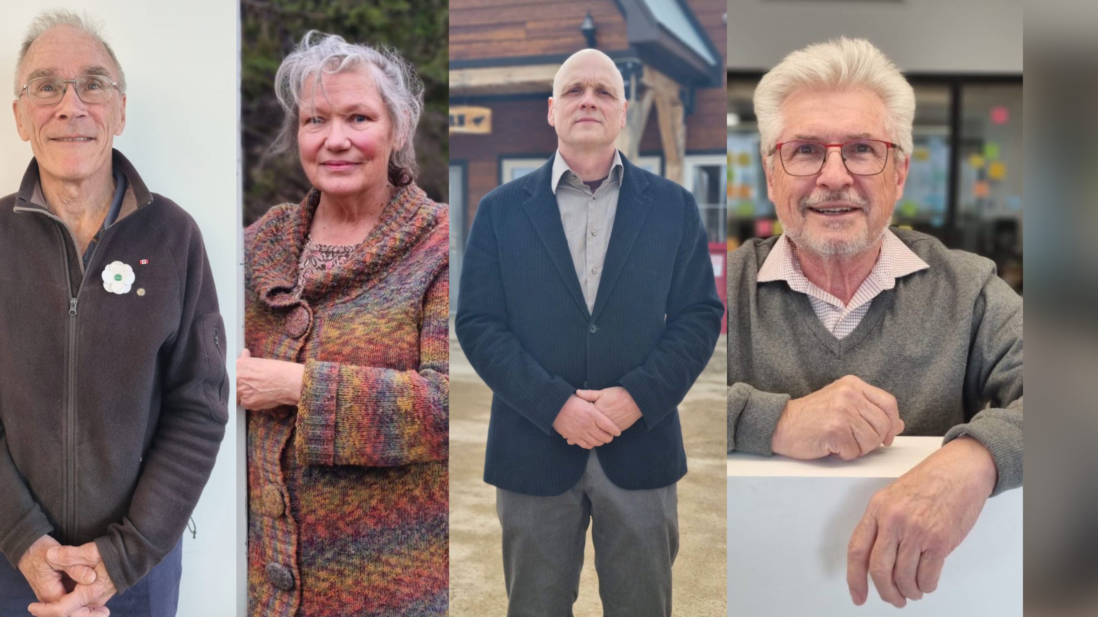 De gauche à droite : Andrew Douglas Maxwell, candidat néo-démocrate, Liz Clayton, Parti vert, Jim Oliver, Parti populaire du Canada et Terry Hayward, Parti libéral du Canada.