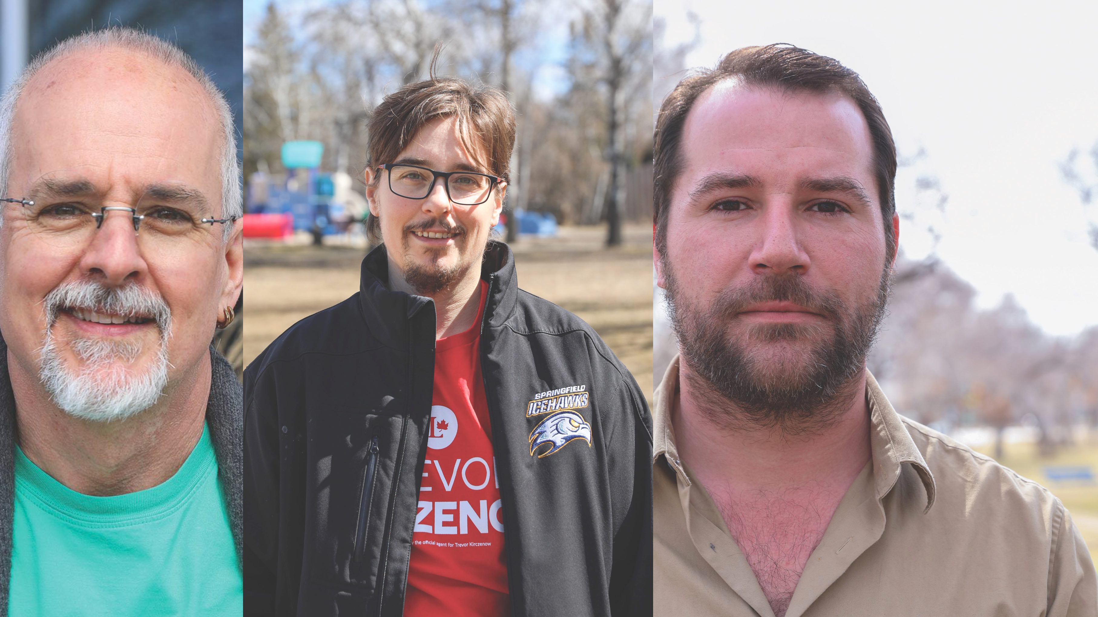 Blair Mahaffy, du Parti vert, Trevor Kirczenow, du Parti libéral et Noël Gautron, du Parti populaire, pour la circonscription de Provencher.