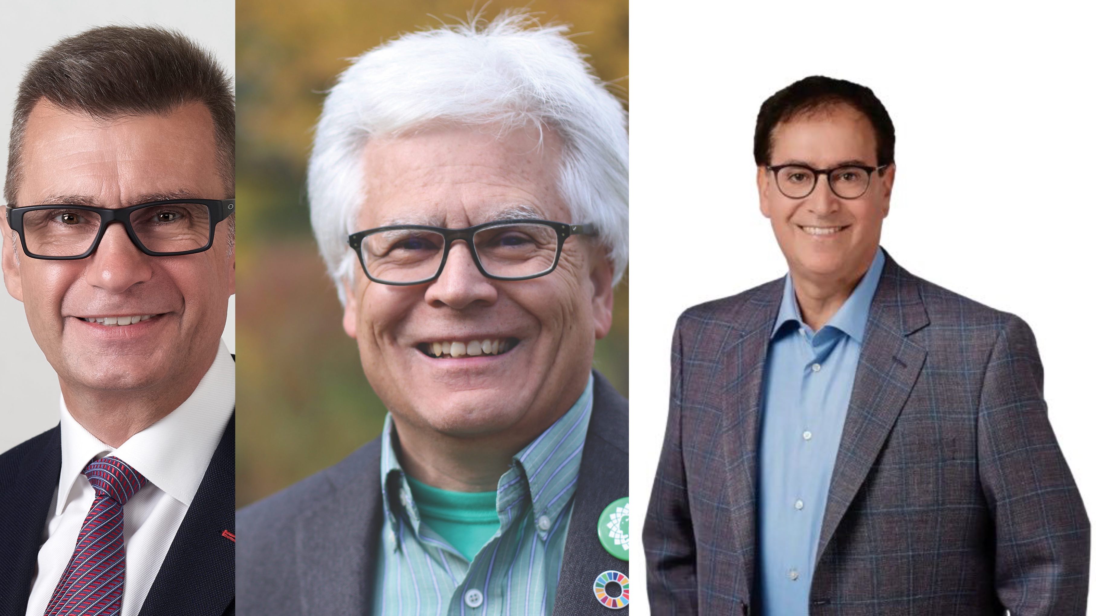 De gauche à droite : Doug Eyolfson, candidat du Parti libéral du Canada pour Winnipeg-Ouest, Dennis Bayomi, candidat du Parti vert du Canada pour Winnipeg-Ouest et Marty Morantz, candidat du Parti conservateur du Canada pour Winnipeg-Ouest.