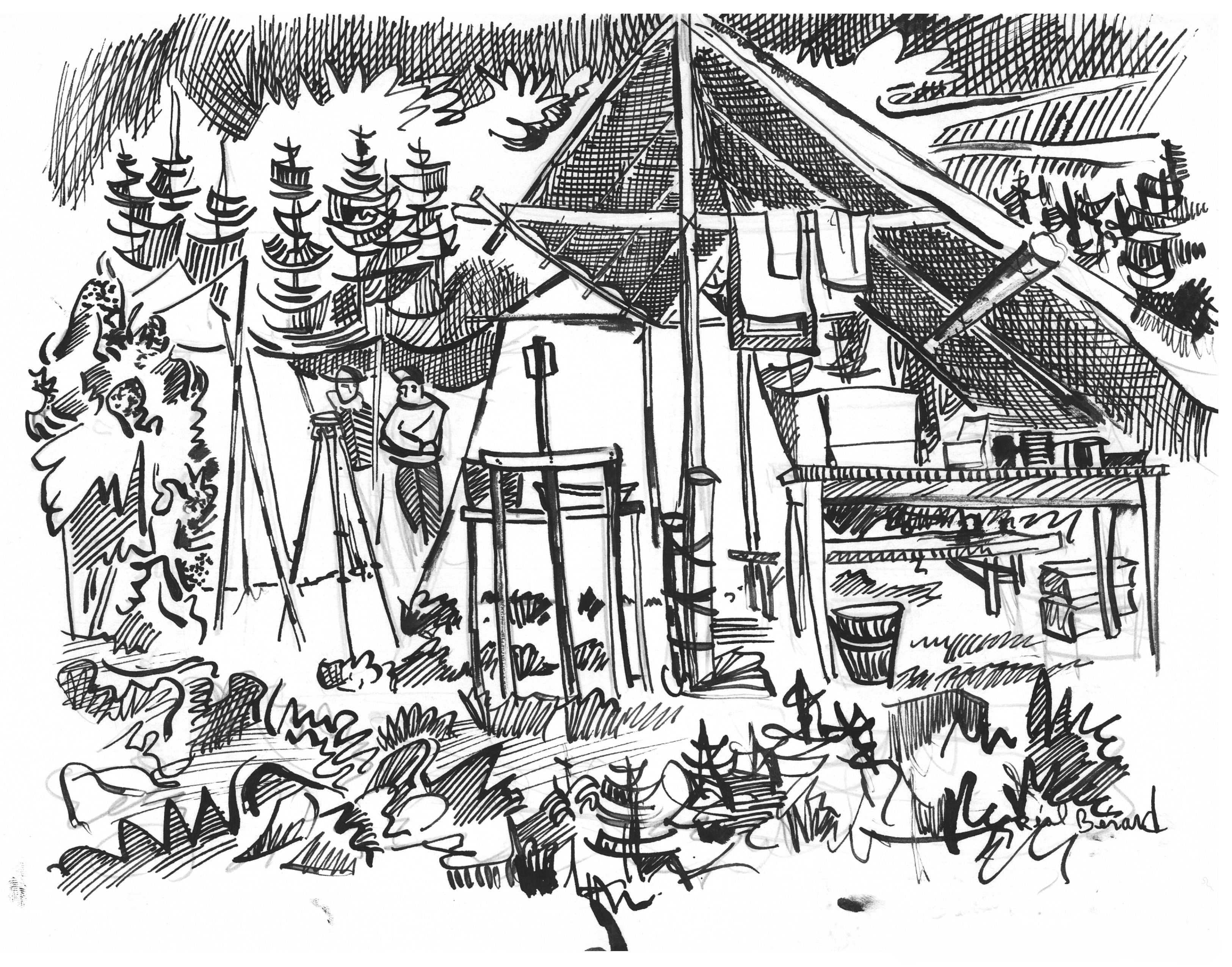 Le camp des arpenteurs dans la région de Paint Lake. Croquis par Réal Bérard réalisé à l’été de 1961.