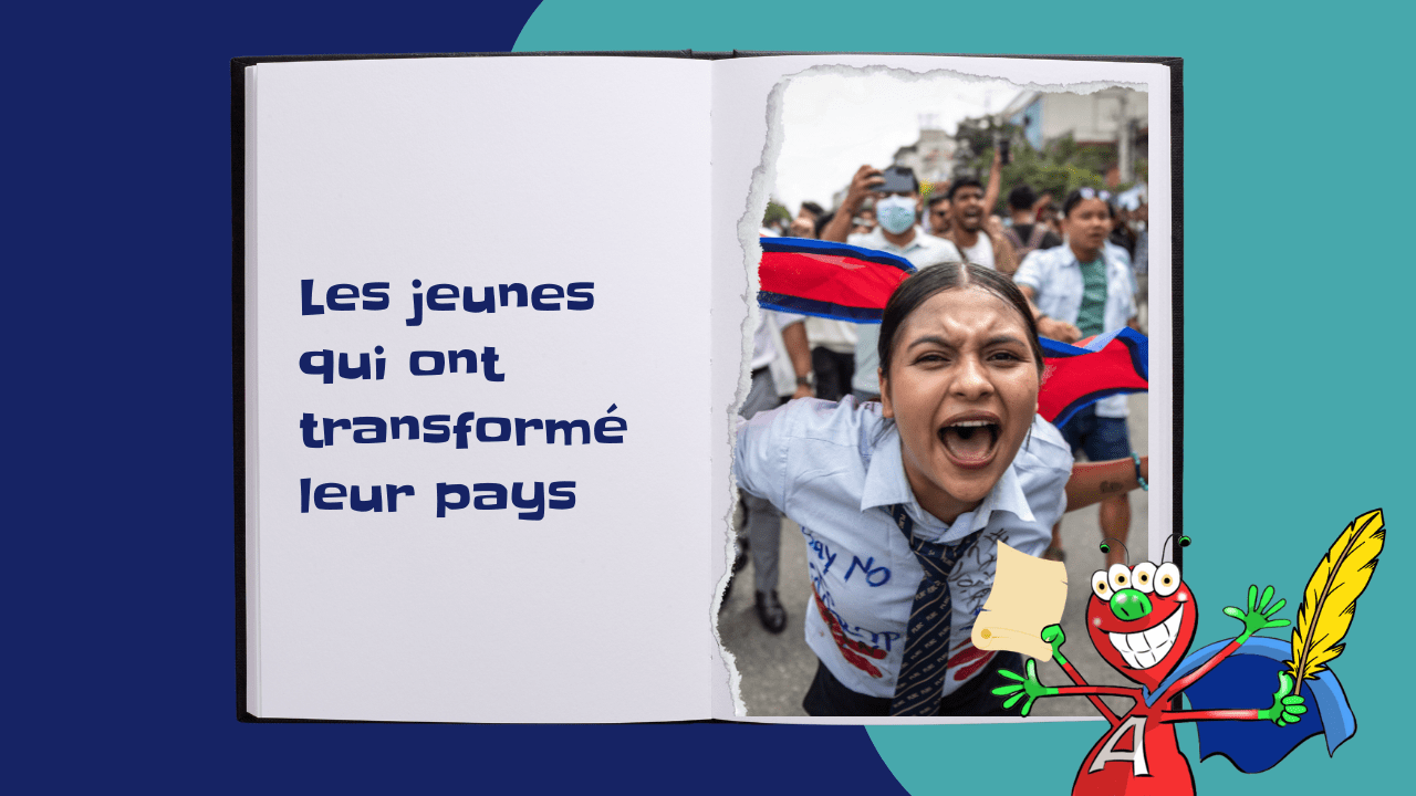Une jeune femme manifeste contre l’interdiction des réseaux sociaux et la corruption du gouvernement, à Katmandou, la capitale du Népal. Elle tient le drapeau de son pays. (Photomontage: Prabin Ranabhat, Agence France-Presse/Les As de l'Info)