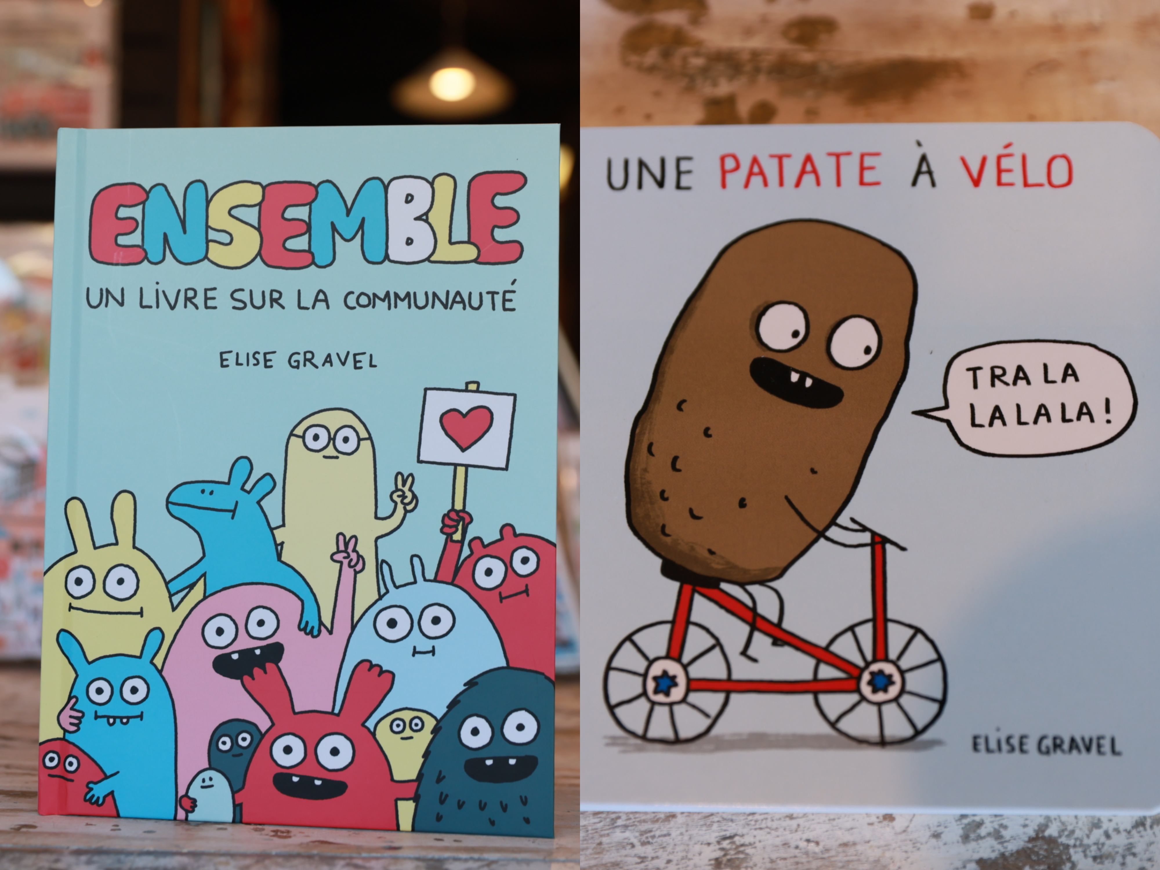 Ensemble : un livre sur la communauté et Une patate à vélo, d’Élise Gravel. (Photos: Marta Guerrero)