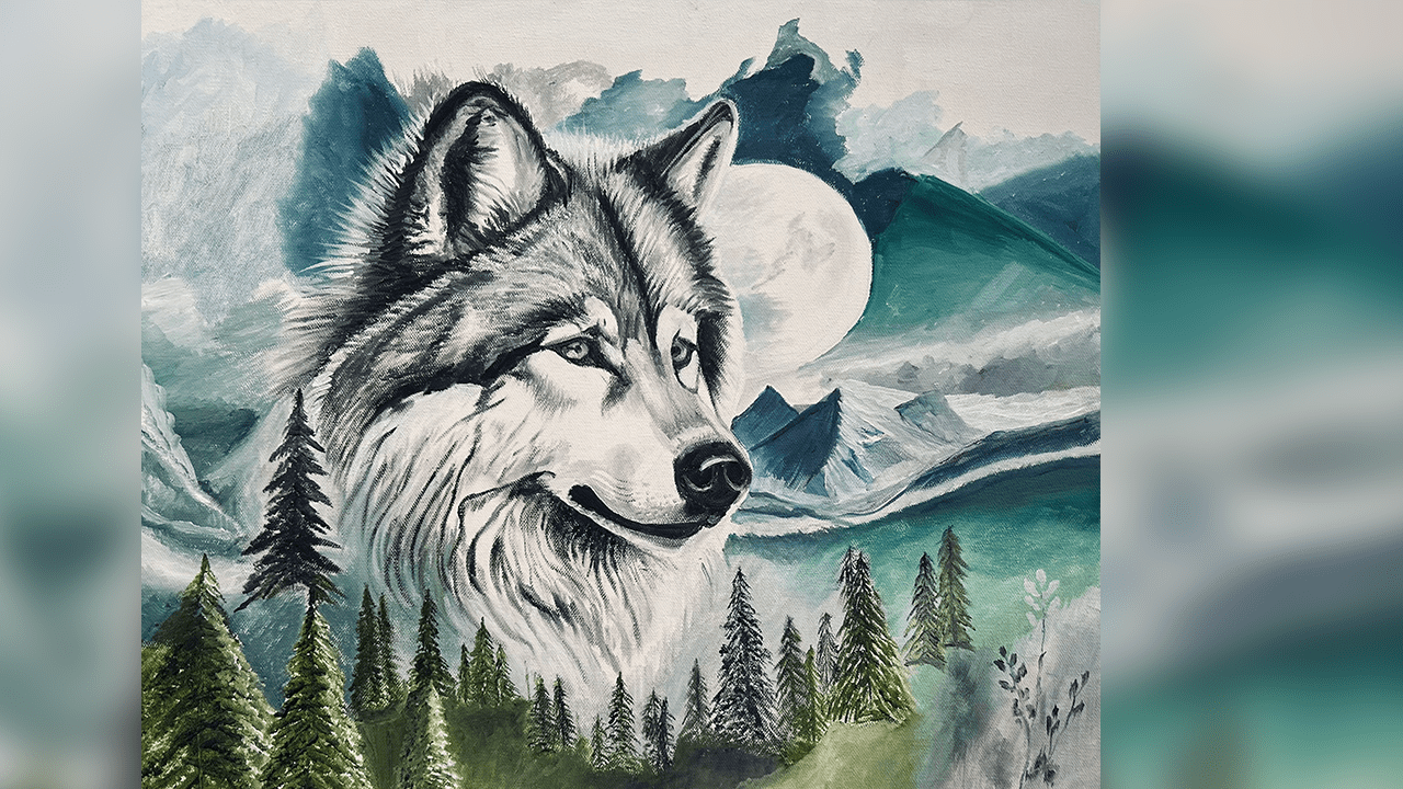 Cette peinture à l'huile représentant un loup est l'une des 12 œuvres présentées par Lilliane Bouchard lors de l'exposition-vente du Groupe d'Art de Saint-Vital.