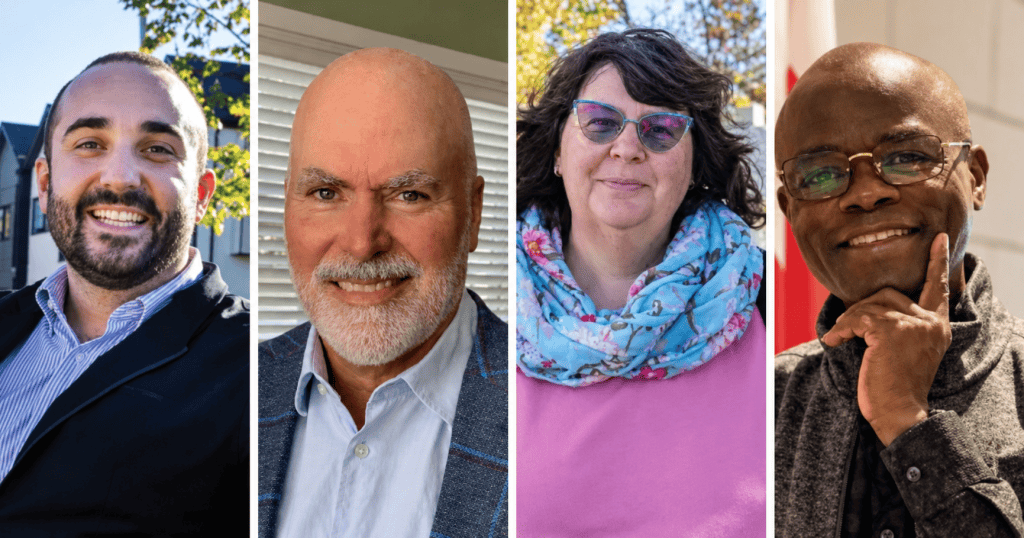 Portraits de Jacques de Moissac, Alain Jacques, Lisbeth Savard et Gilbert Weeh, de gauche à droite, élus commissaires scolaires de la région urbaine de la DSFM.
